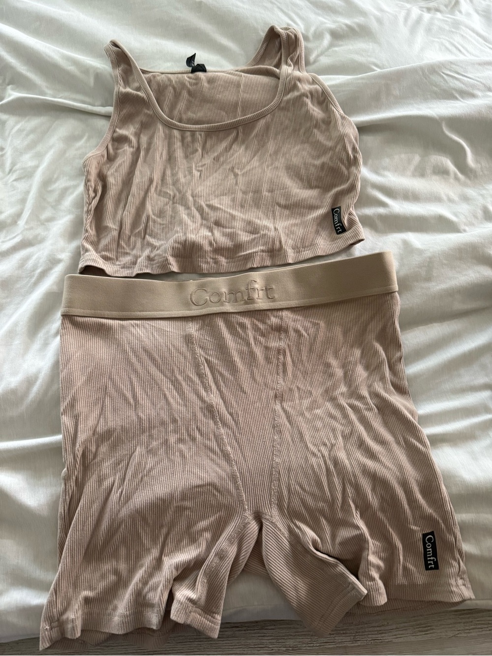 Women's Ribbed Cropped Tank and High-Waist Boxer Short Set in Nude